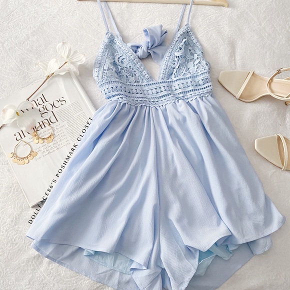 NWT Fashion Nova Light Blue Crocheted Chest Romper - Picture 4 of 12